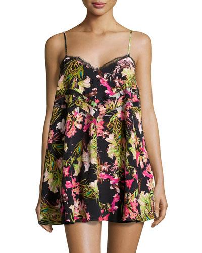 Sleeveless Lace-trim Tropical-print Mini Dress, Black/multicolor