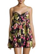 Sleeveless Lace-trim Tropical-print Mini Dress, Black/multicolor