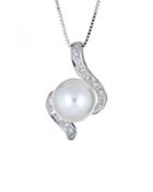 14k White Gold Swirled 9mm Pearl & Diamond Necklace