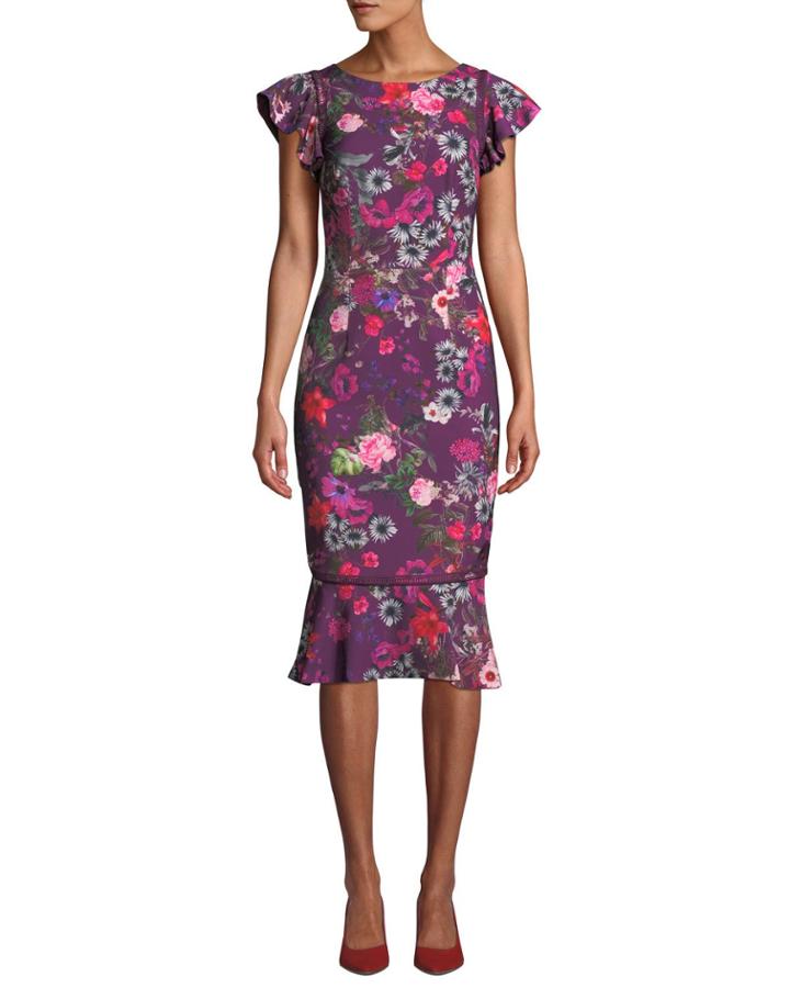 Floral Flutter-sleeve Flounce Dress