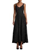Sleeveless V-neck Corded Lace Gown, Black