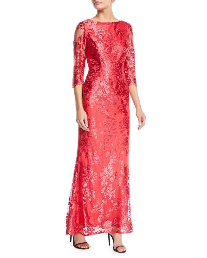 3/4-sleeve Embroidered Trumpet-skirt Gown