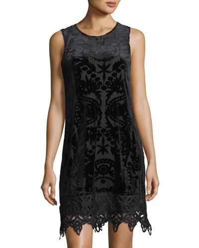 Velvet-burnout Sleeveless Trapeze Dress