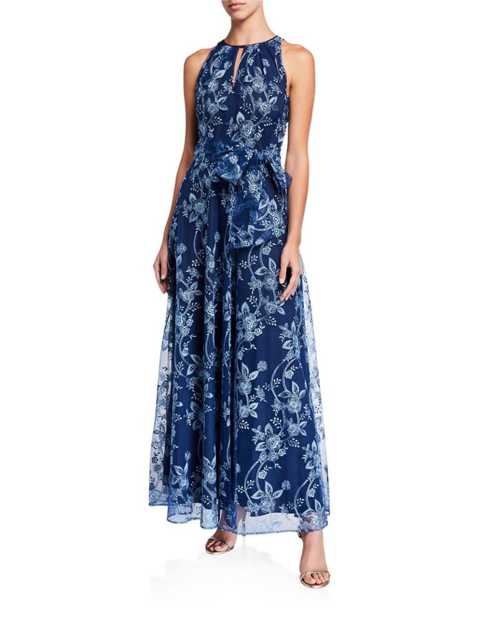 Floral Embroidered Waist Tie Dress