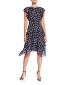 Maisie Cedar Floral Metallic-print Flutter-sleeve Dress