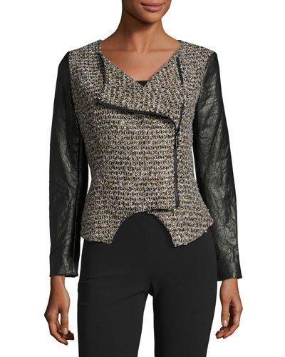 Tweed Mixed-media Asymmetric Jacket, Brown