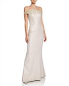 Metallic Jacquard Off-the-shoulder Short-sleeve Gown W/ Beaded Bodice