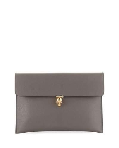 Skull-clasp Leather Envelope Clutch Bag, Gray