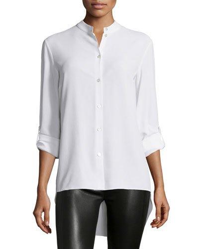 Long-sleeve Button-front Blouse, Optic White