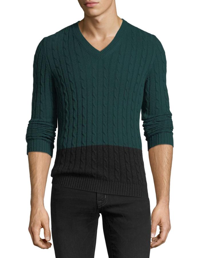 Cashmere Cable-knit Colorblock V-neck