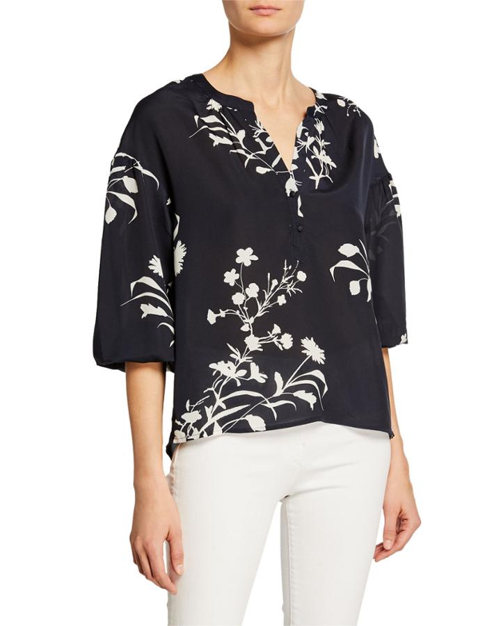 Floral-print Partial Button-front Blouse