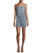 Mortola Chain-print Strapless Romper, White/navy