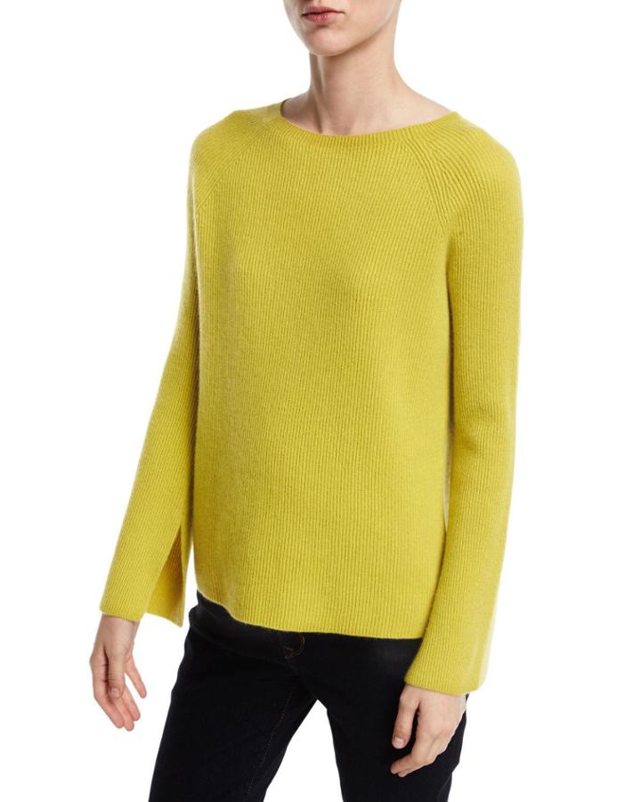 Long Split-sleeve Crewneck Ribbed Cashmere
