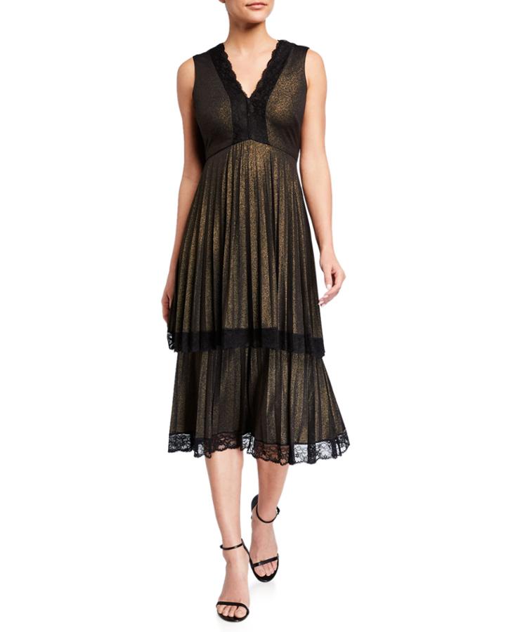 Foil Jersey Dress With Lace & Pleated