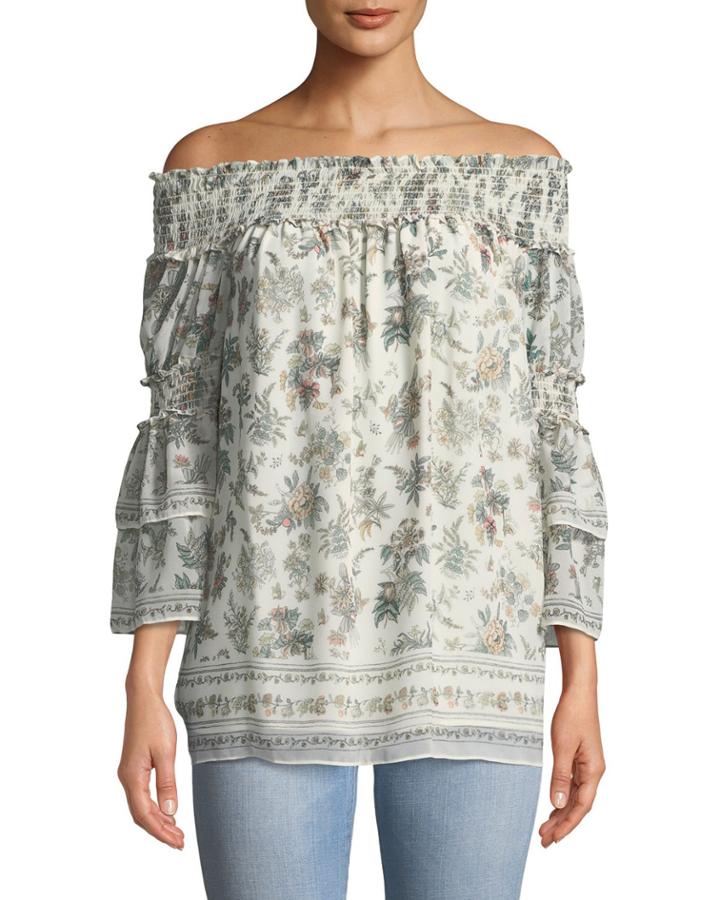 Off-the-shoulder Floral Ruffle-tiered Blouse