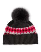 Fair Isle Cashmere Fur-pom Beanie Hat