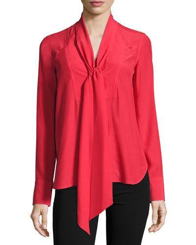 Wickham Scarf-tie Silk Shirt, Vermillion