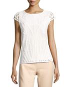 Lace-knit Short-sleeve Blouse, Ivory