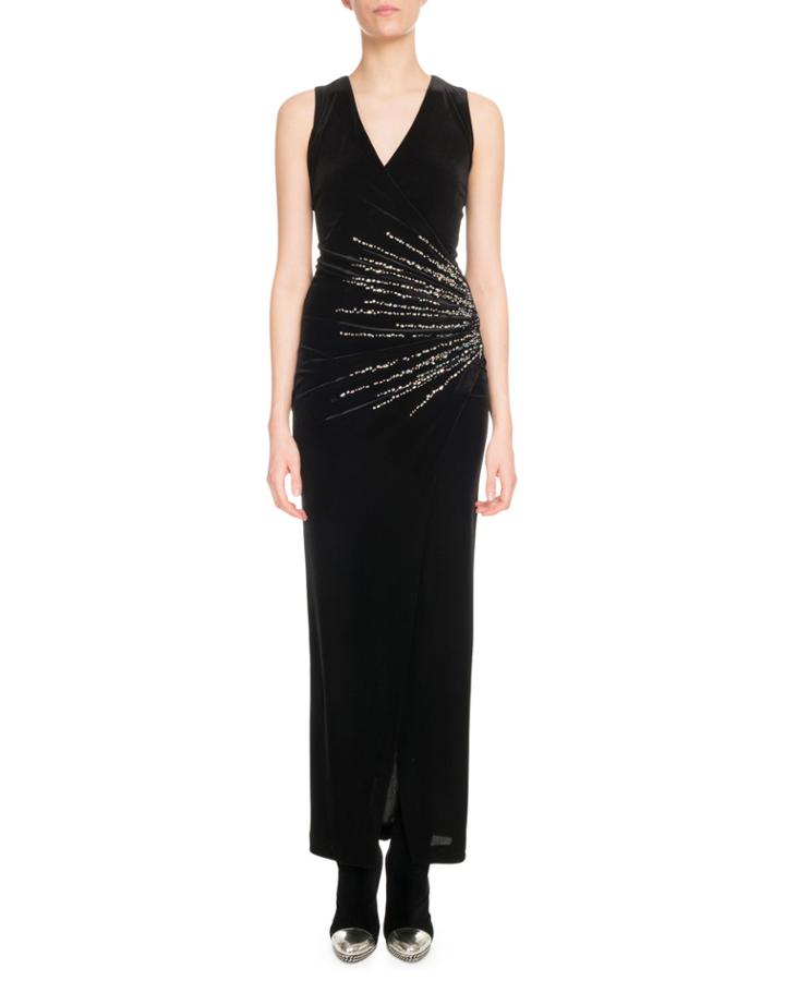 Sleeveless V-neck Crystalized-starburst Velvet Evening Dress
