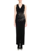 Sleeveless V-neck Crystalized-starburst Velvet Evening Dress
