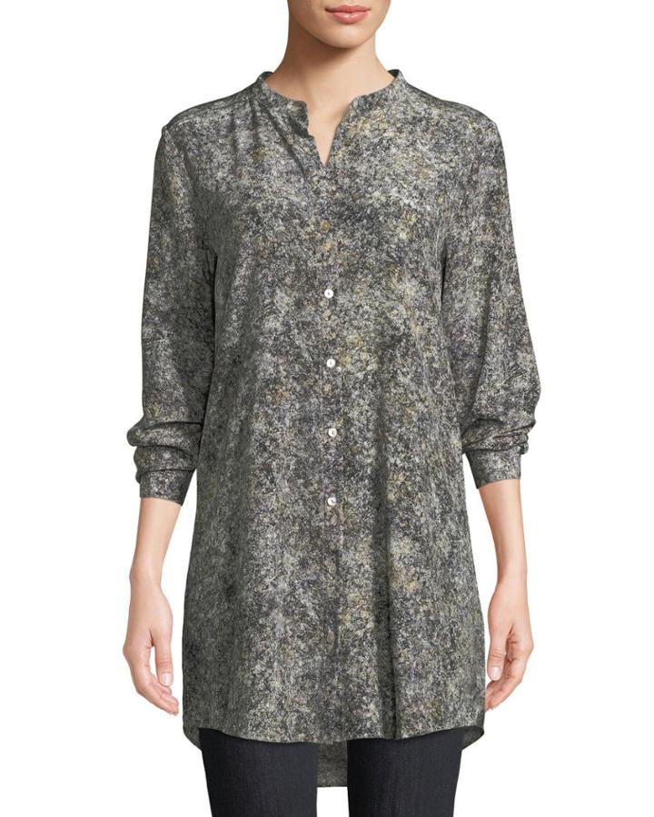 Willow-print Mandarin-collar Long