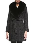 Damask Brocade Wrap Coat With Fur Trim