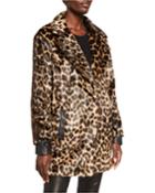 Faux-fur Leopard Faux-leather Trim Coat