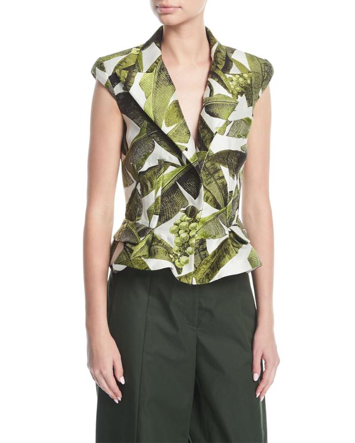 Cap-sleeve Leaf-print Peplum Top