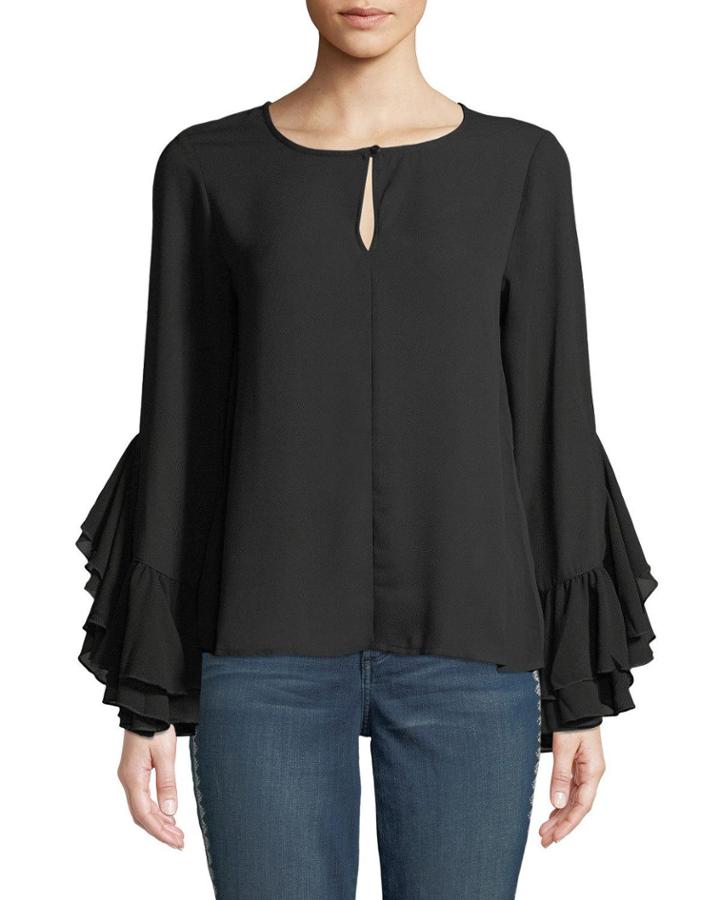 Jazz Flounce-sleeve Keyhole Blouse