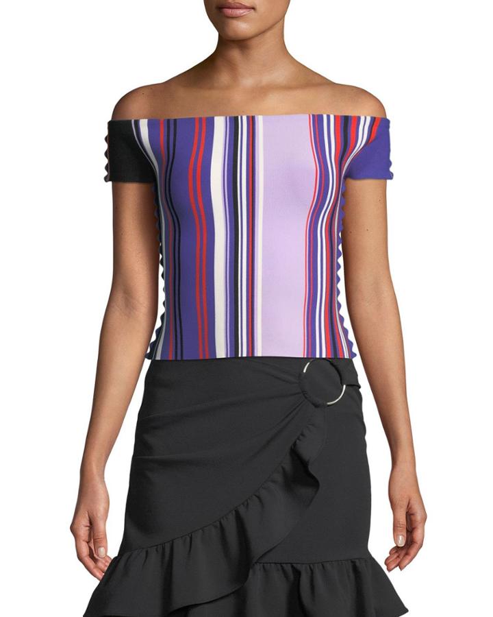 Striped Off-the-shoulder Scalloped-trim Top
