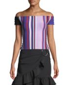 Striped Off-the-shoulder Scalloped-trim Top
