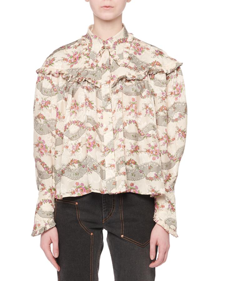 Janelle Long-sleeve Button-front Ruffle-yoke Antique Floral-print