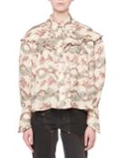 Janelle Long-sleeve Button-front Ruffle-yoke Antique Floral-print