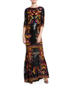 Jae Sequined 3/4-sleeve Keyhole-back Gown