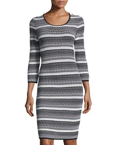 Miriam Striped Knit 3/4-sleeve Dress, Black/white