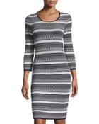 Miriam Striped Knit 3/4-sleeve Dress, Black/white