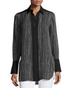 Wavy Stripe-print Silk Blouse, Black/off White