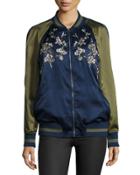Japanese Floral Embroidered Bomber Jacket, Navy