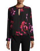 Floral-print Front-wrap Top, Rich Black