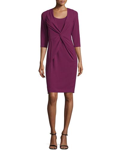 3/4-sleeve Twist-front Dress, Purple