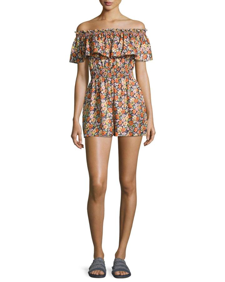 Moonlight Off-the-shoulder Floral Romper, Orange-purple