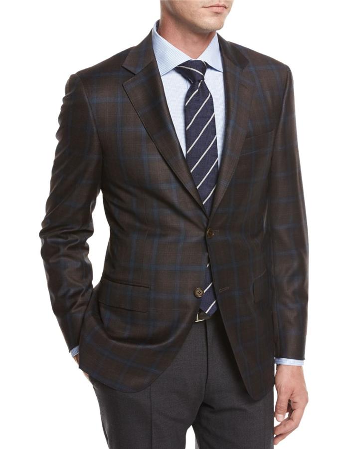 Plaid Super 130s Wool Sport Coat, Brown