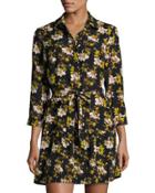 Floral-print Spread-collar Shirtdress, Black