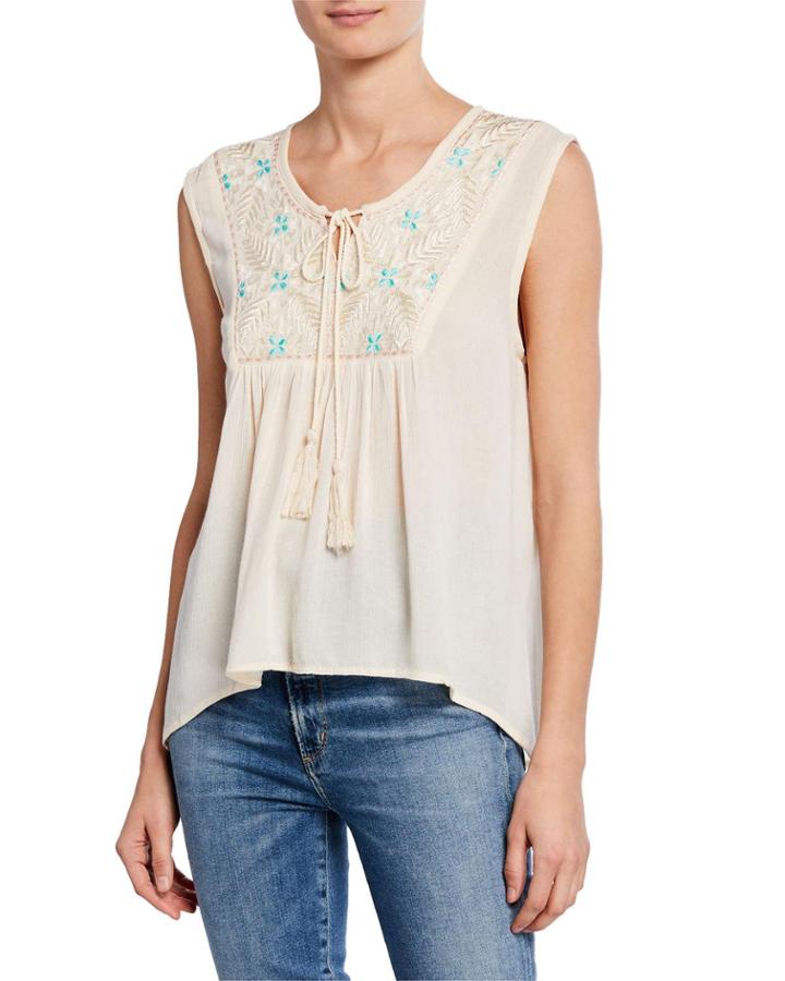 Rosanna Tassel-tie Embroidered High-low Tank