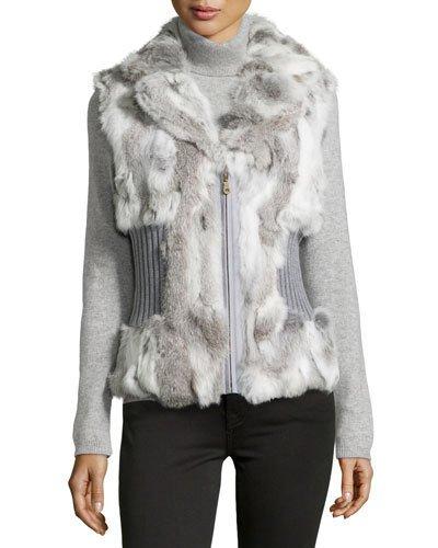 Rabbit Fur Cinched-waist Vest, White/gray