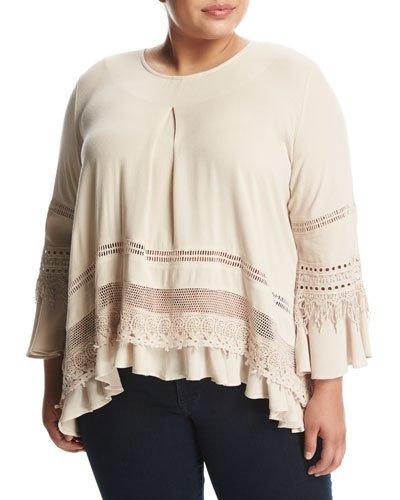 Lace-inset Bell-sleeve Top, Neutral Pattern,