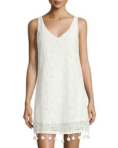 Pompom-trim V-neck Lace Dress, White