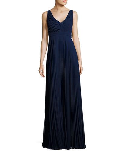 V-neck Pleated-chiffon Gown