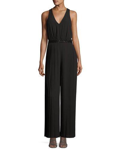 Pleated Beaded-waist Jumpsuit, Black