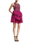 Sleeveless Embroidered-bodice Party Dress, Fuchsia